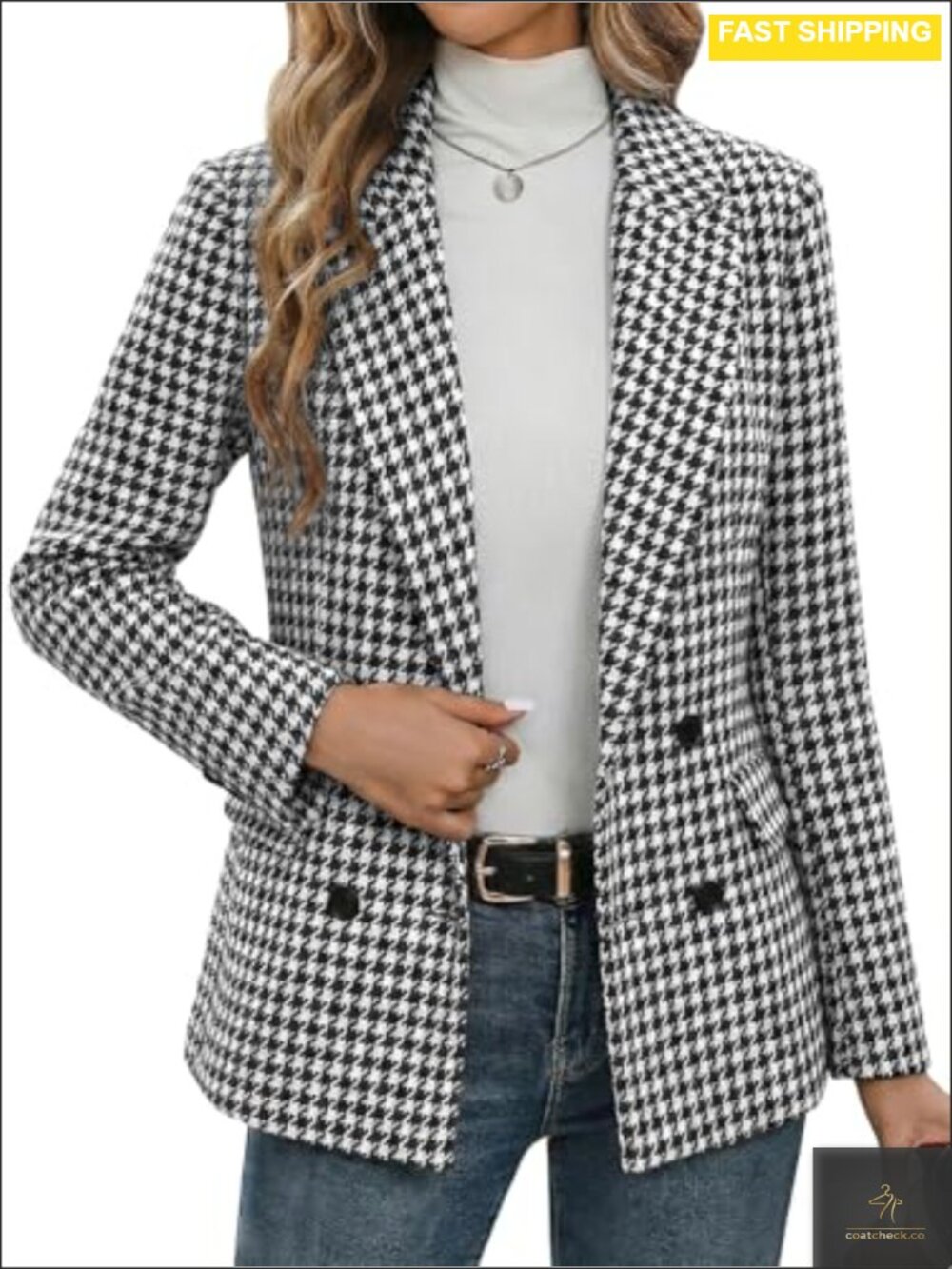 Tweed Houndstooth Plaid Blazer Notched Collar Double-Breasted Work Jacket